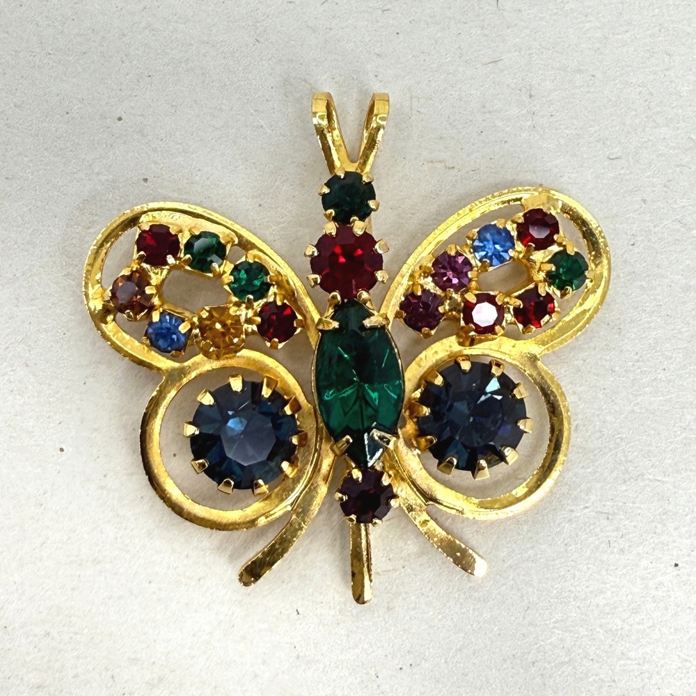 Vintage Rhinestone Butterfly Pendant Statement Gold Tone Multi Color